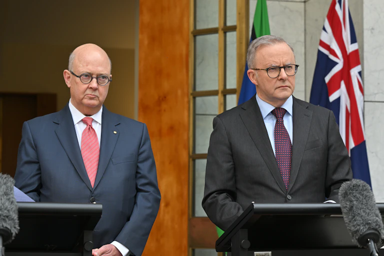 Kim Williams and Prime Minister Anthony Albanese at a press conference