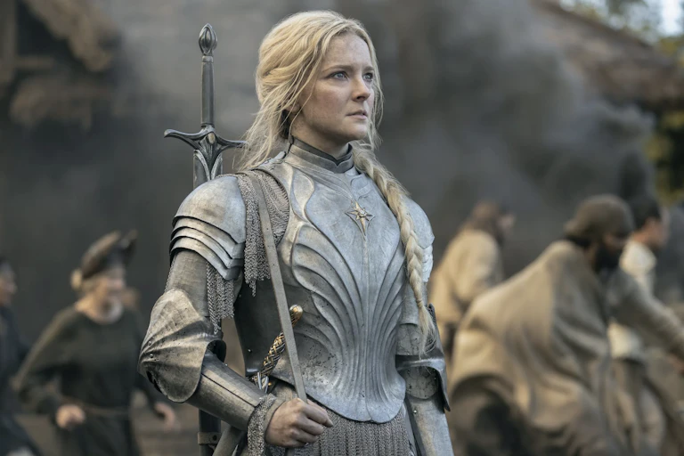 Morfydd Clark wearing a suit of armour as Galadriel