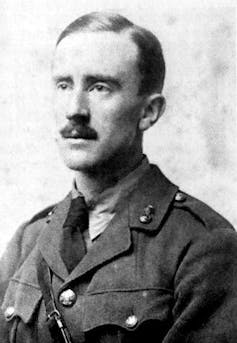 Black and white photo of Tolkien in his British Army.