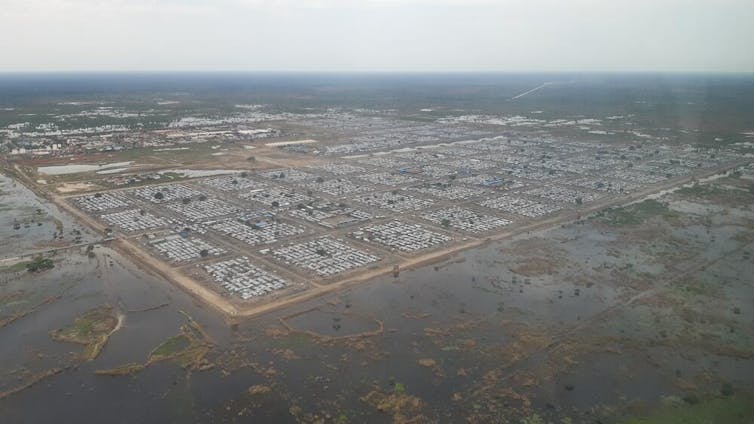 Aerial view of flood affected displacement camp