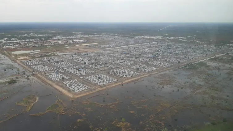 Aerial view of flood affected displacement camp