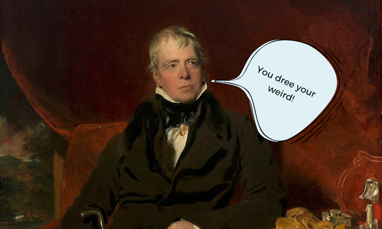 Sir Walter Scott sitting with speech bubble saying 'dree your weird'