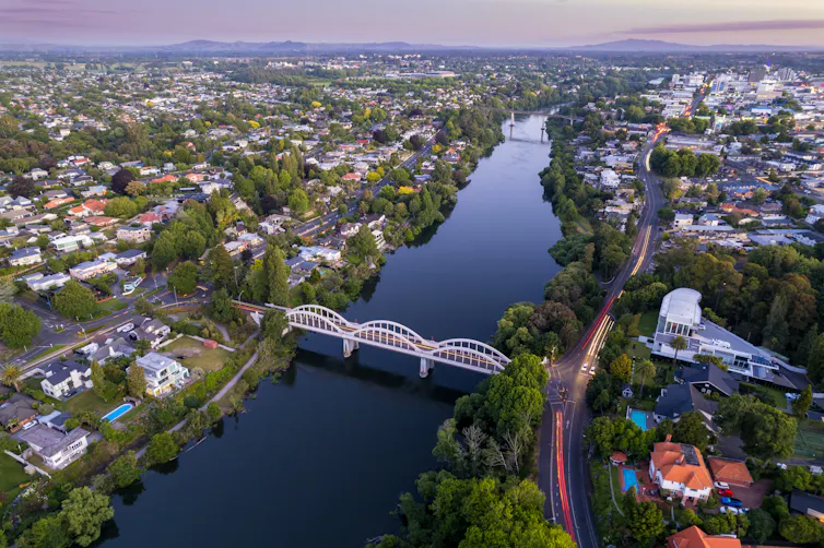 aerial view looking towards Hamilton's central business district over the Waikato River.