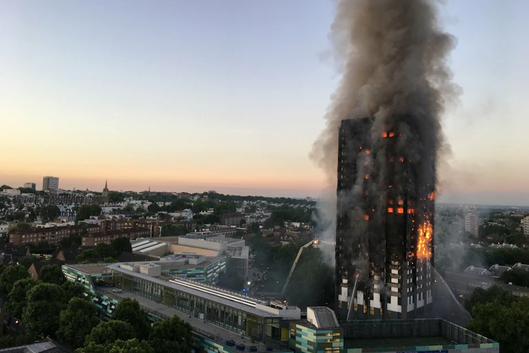Wide view of Grenfell tower in flames