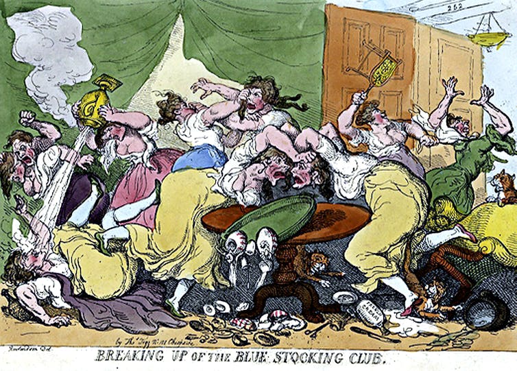 A cartoon showing women brawling.