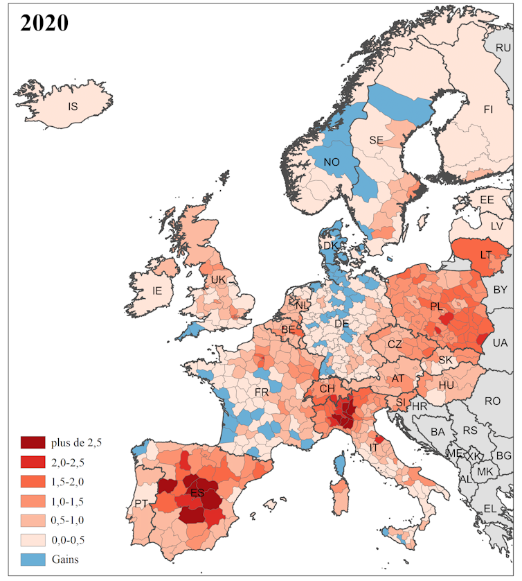 Carte choroplète de la perte d’espérance de vie en 2020 (en années) dans 569 régions couvrant 25 pays européens.