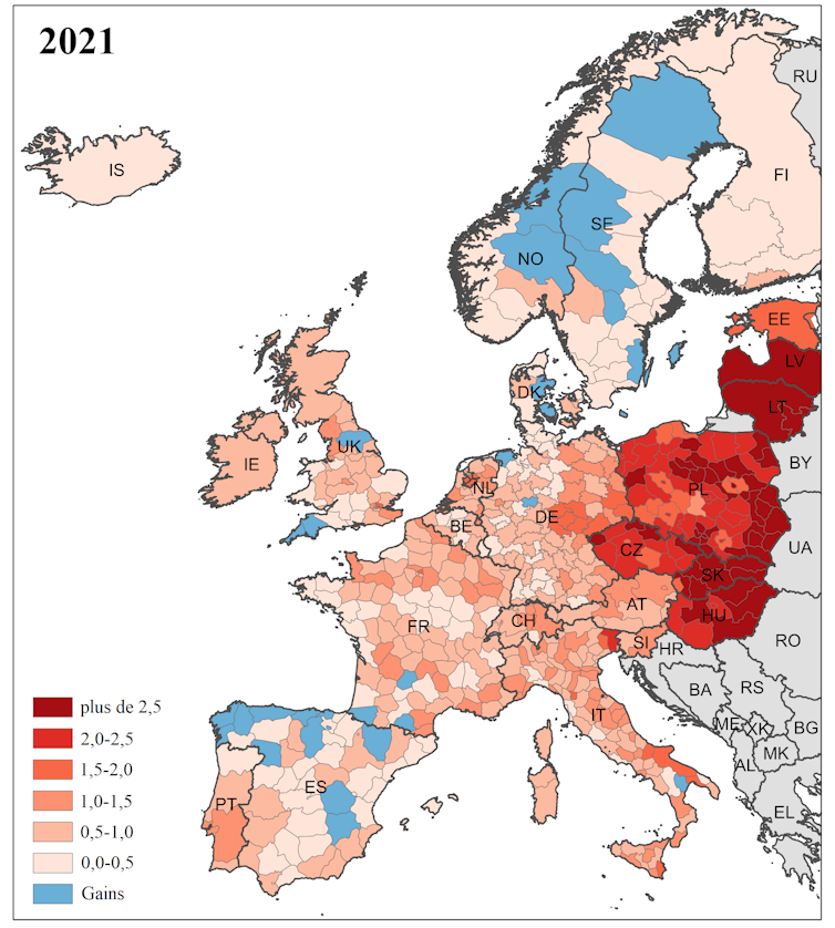 Carte choroplète de la perte d’espérance de vie en 2021 (en années) dans 569 régions couvrant 25 pays européens.