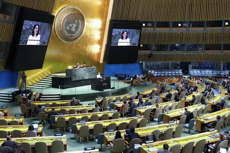 A woman is seen on two screens as she addresses an ornate meeting hall.