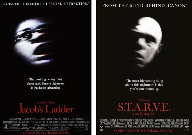Two posters side by side, each showing a blurry man's face