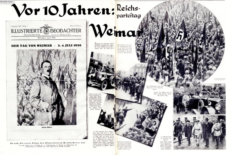 A black and white series of images are shown alongside font in German, including photos of people attending an event