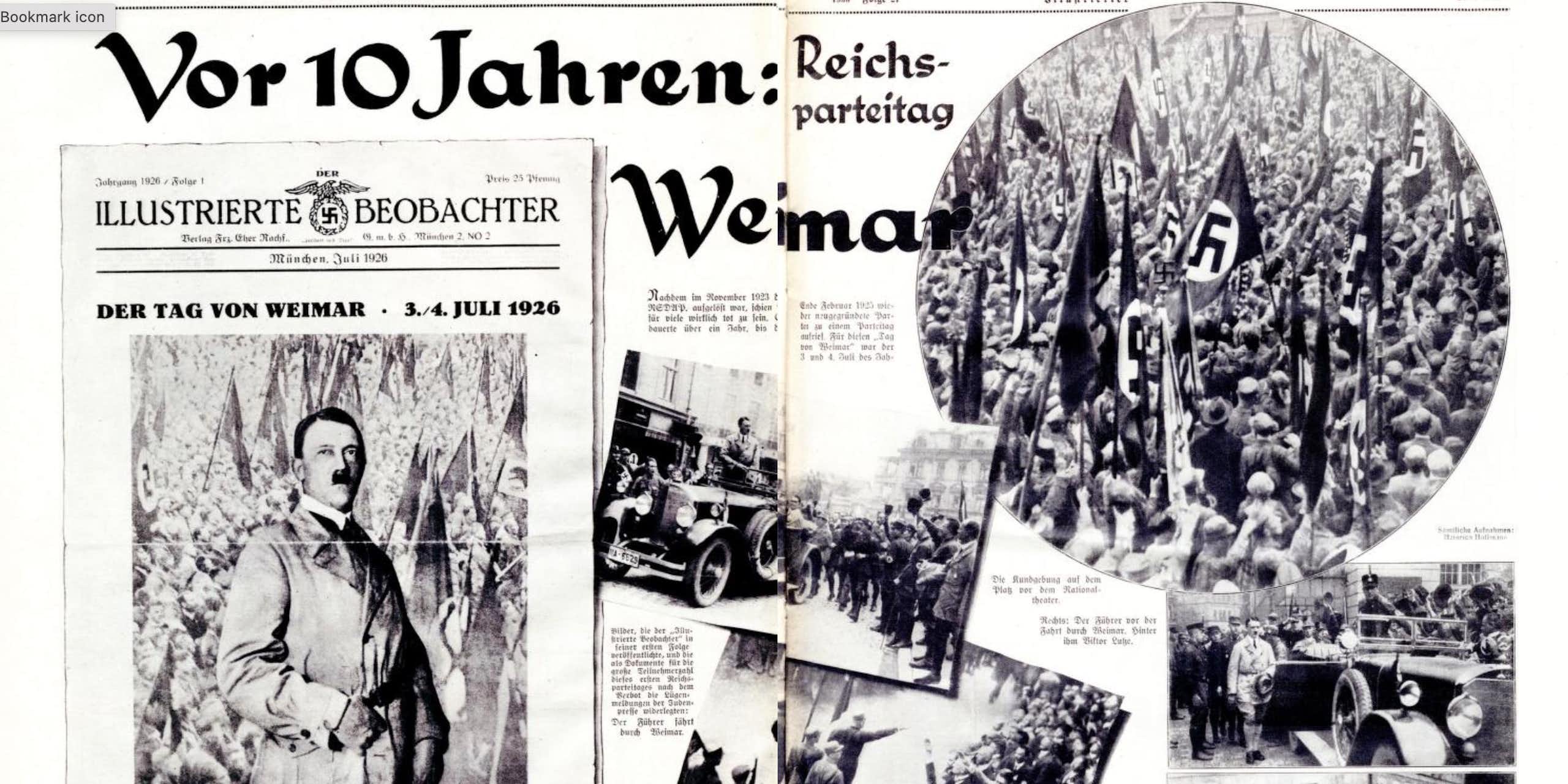 A black and white series of images are shown alongside font in German, including photos of people attending an event