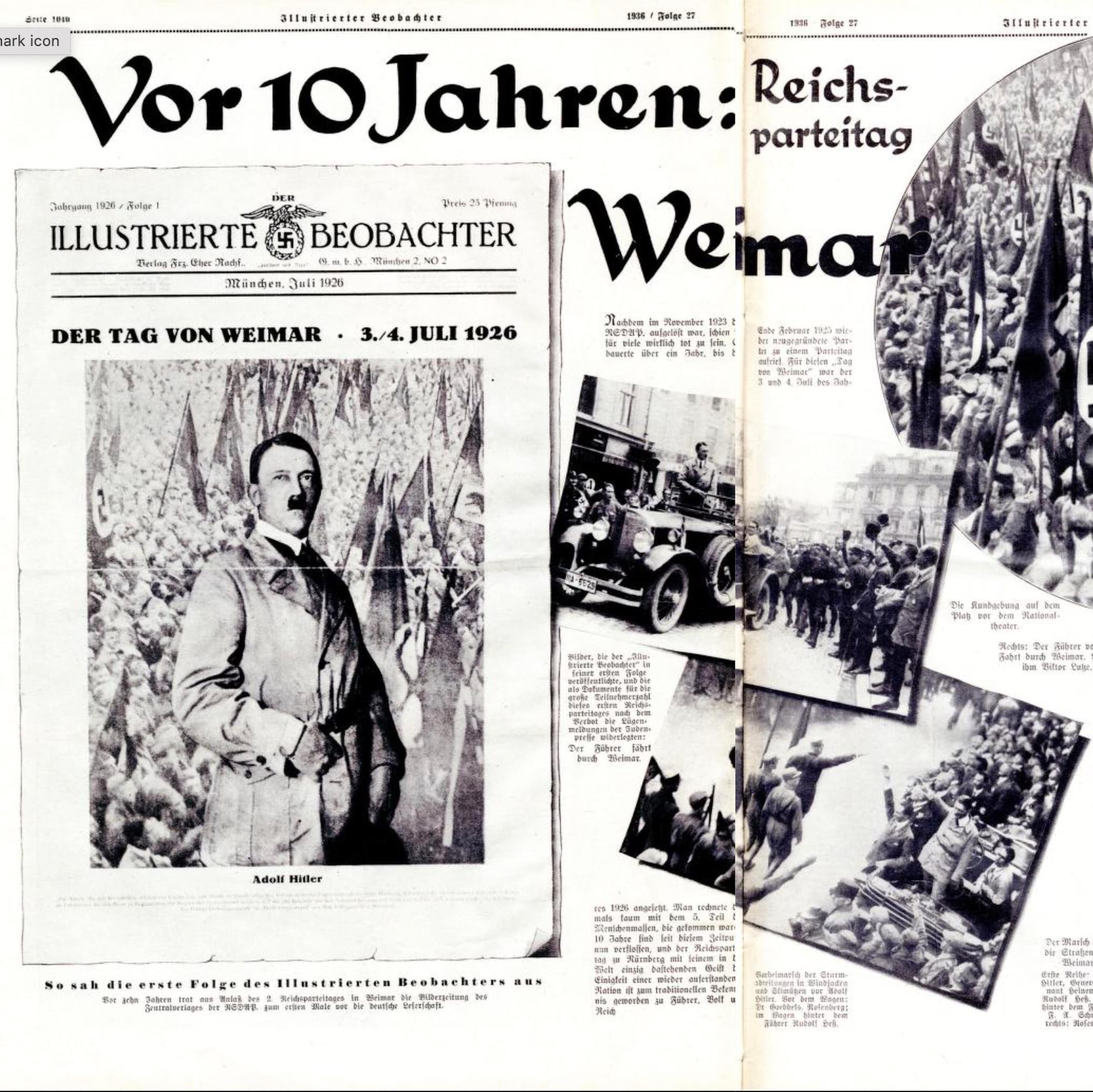 A black and white series of images are shown alongside font in German, including photos of people attending an event