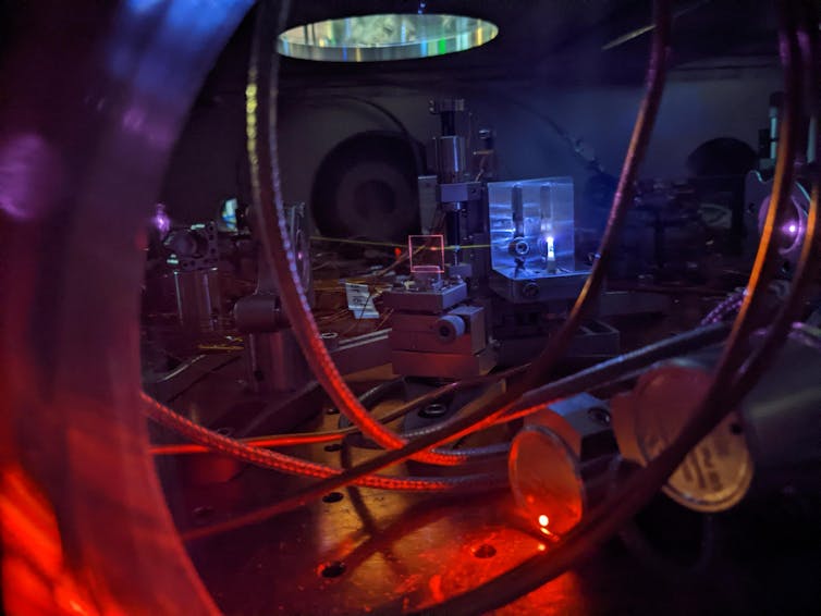 The equipment to precisely measure the energy needed to excite the thorium-229 nucleus, which is the core of a future nuclear clock.