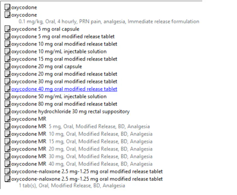 Screenshot of options for the painkiller oxycodone.