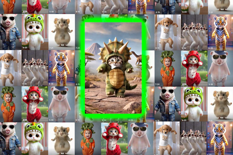 A cartoon image of a cat in a dinosaur costume, against a grid of similar images