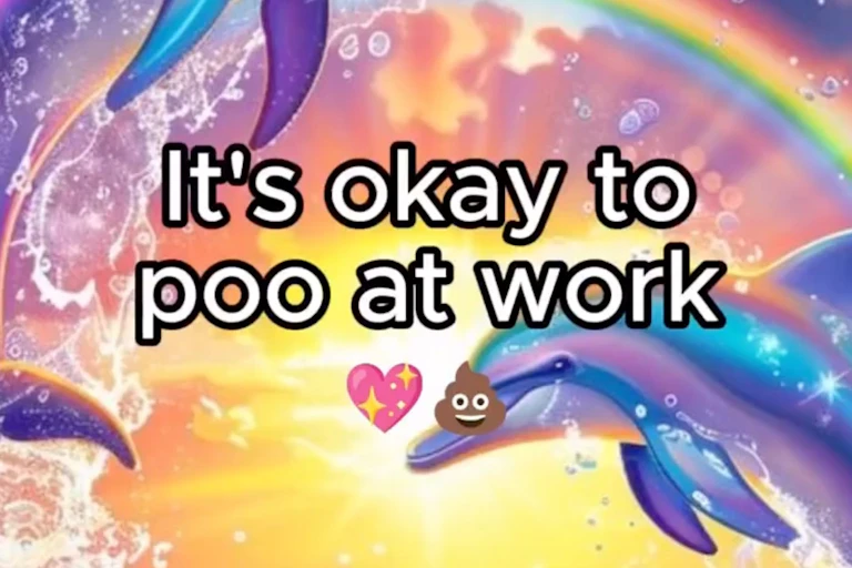 A colourful background with the words 'It's okay to poo at work'.