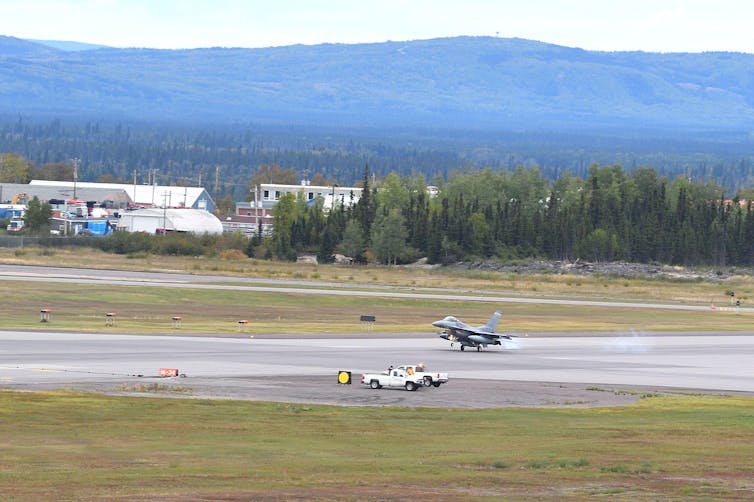 An F-16 fighter jet lands at Goose Bay airbase.