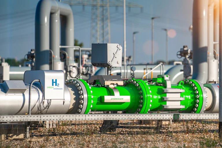 Large pipes, with pylons in the background.
