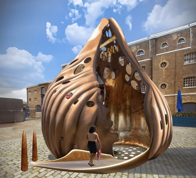 An sculpture installation in the shape of a cowrie shell.