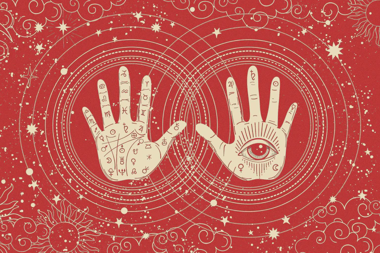 Illustration showing occult-looking drawing of a pair of hands covered in eyes and symbols.