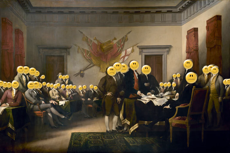 a painting of a group of men wearing 18th-century clothing with emoticons covering their faces
