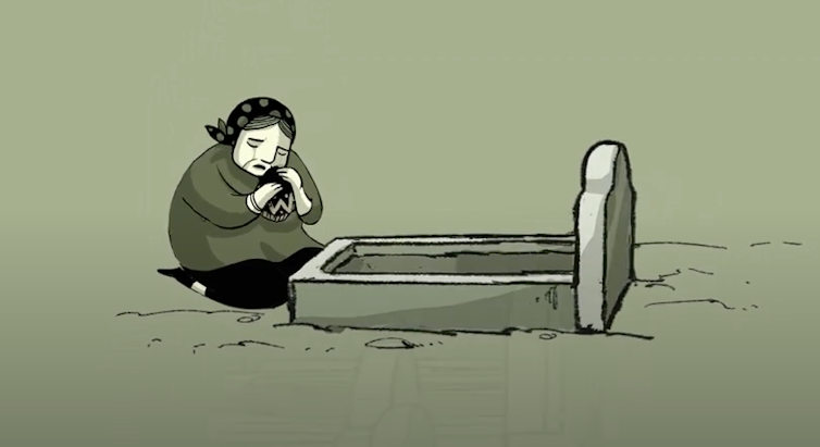 Animation of a mother by her son's graveside.