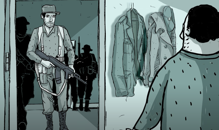 Animation still of soldiers turning up at a family home.