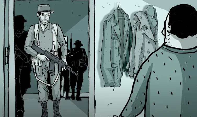 Animation still of soldiers turning up at a family home.