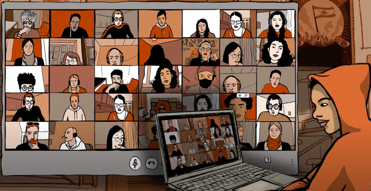 Animation showing person in hoodie having online video chats.