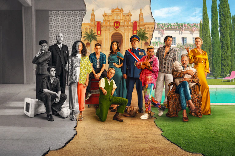 The cast of Kaos split into three screens, black and white, sepia and technicolour