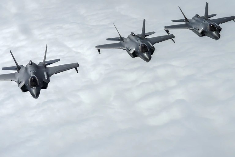 Three Norwegina F-35 fighter aircraft.