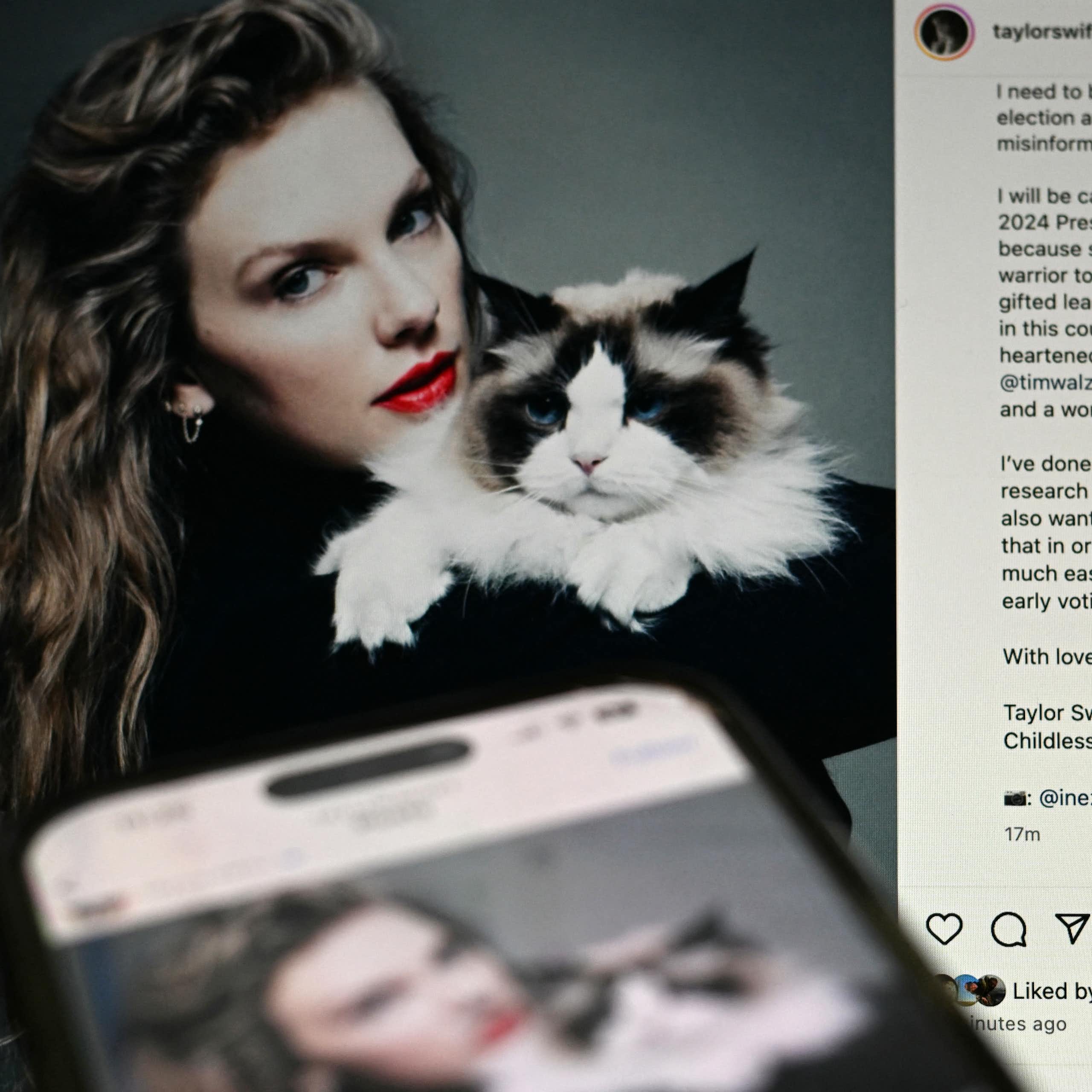 A blonde woman with red lipstick holds a cat and is seen next to a box of text.