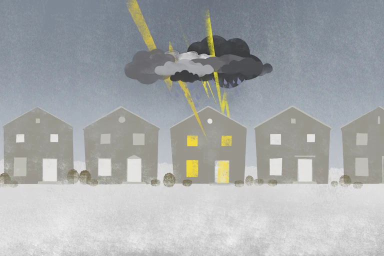 Illustration of row of grey houses with storm clouds and lightning over the one in center