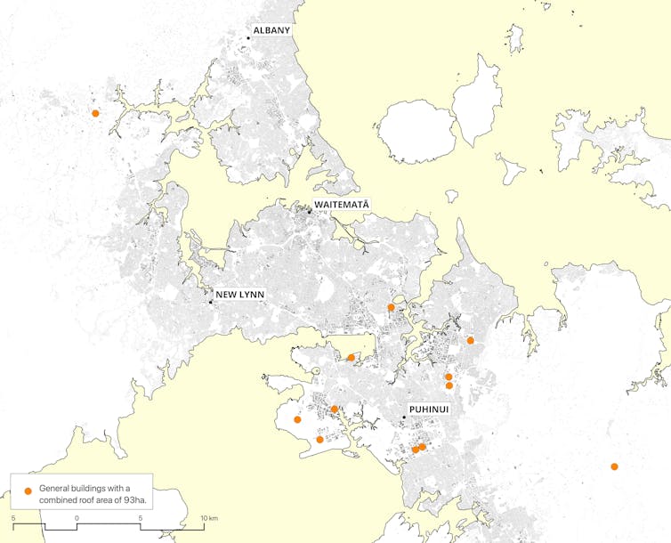 A map of Auckland marks the sites of the city's 14 largest buildings, which have a rooftop area equal to the largest solar farm.