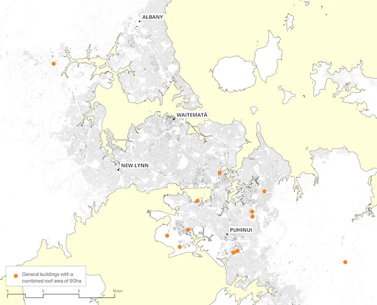 A map of Auckland marks the sites of the city's 14 largest buildings, which have a rooftop area equal to the largest solar farm.