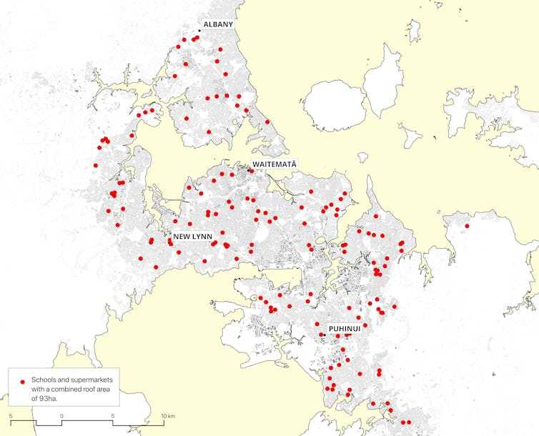 A map of Auckland showing the sites of 167 public buildings whose rooftops add up to the same area as the largest solar farm.