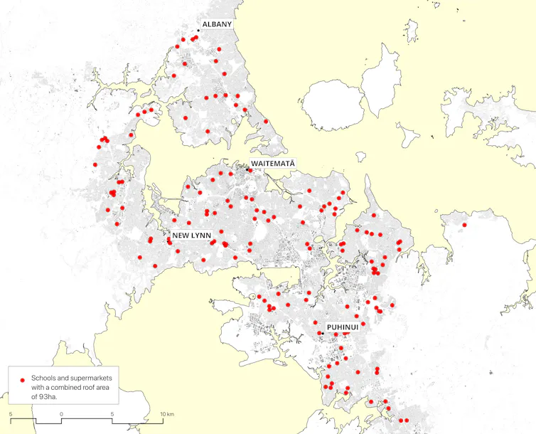 A map of Auckland showing the sites of 167 public buildings whose rooftops add up to the same area as the largest solar farm.