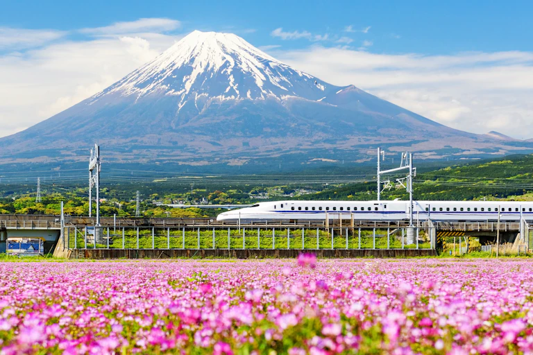 A high-speed Japanese bullet train travels past a snow-capped Mt Fuji