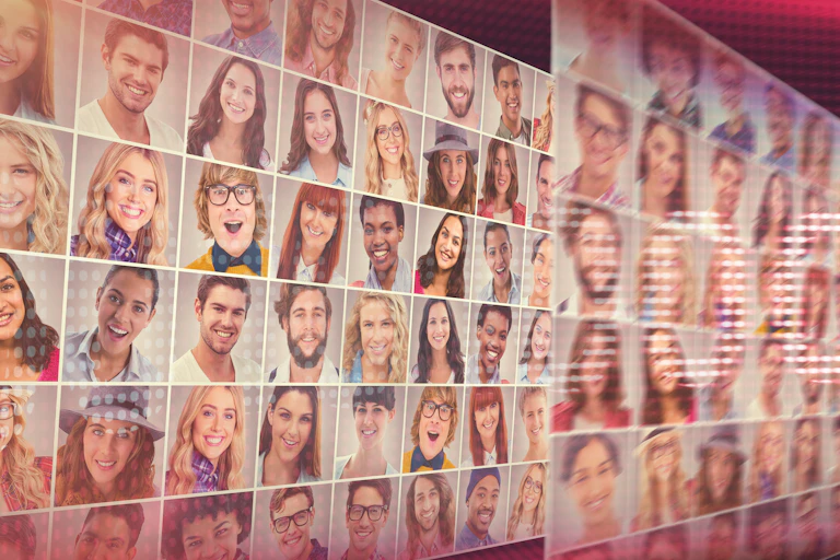Collage of peoples' faces overlayed with digital code.