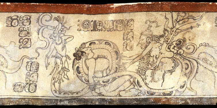A drawing showing a reclining god-like figure with a large snake around him.