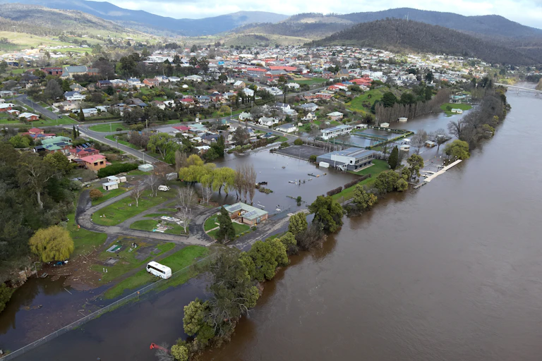 A supplied aerial image shows flooding in New Norfolk, Tasmania, Tuesday, September 3, 2024