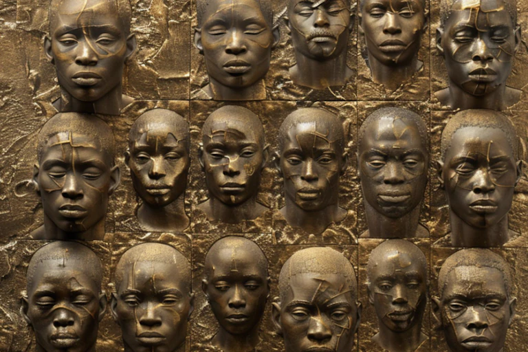 A wall of faces of African slaves rendered in copper.