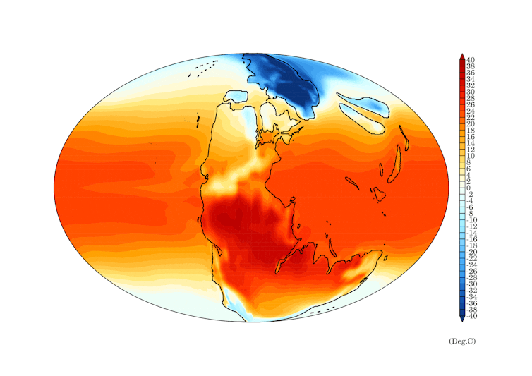 Animated map of temperature 252m years ago