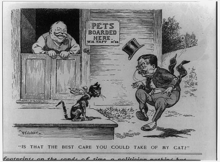 Cartoon of a man in a tophat acting surprised as he encounters a scrawny cat.