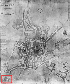Plano del Oviedo redondo, con la localización extramuros del monasterio de Santa María de la Vega. Autor: Joaquín Mª Fernández, 1853.