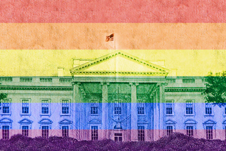 A photo of the White House overlaid with rainbow Pride colors