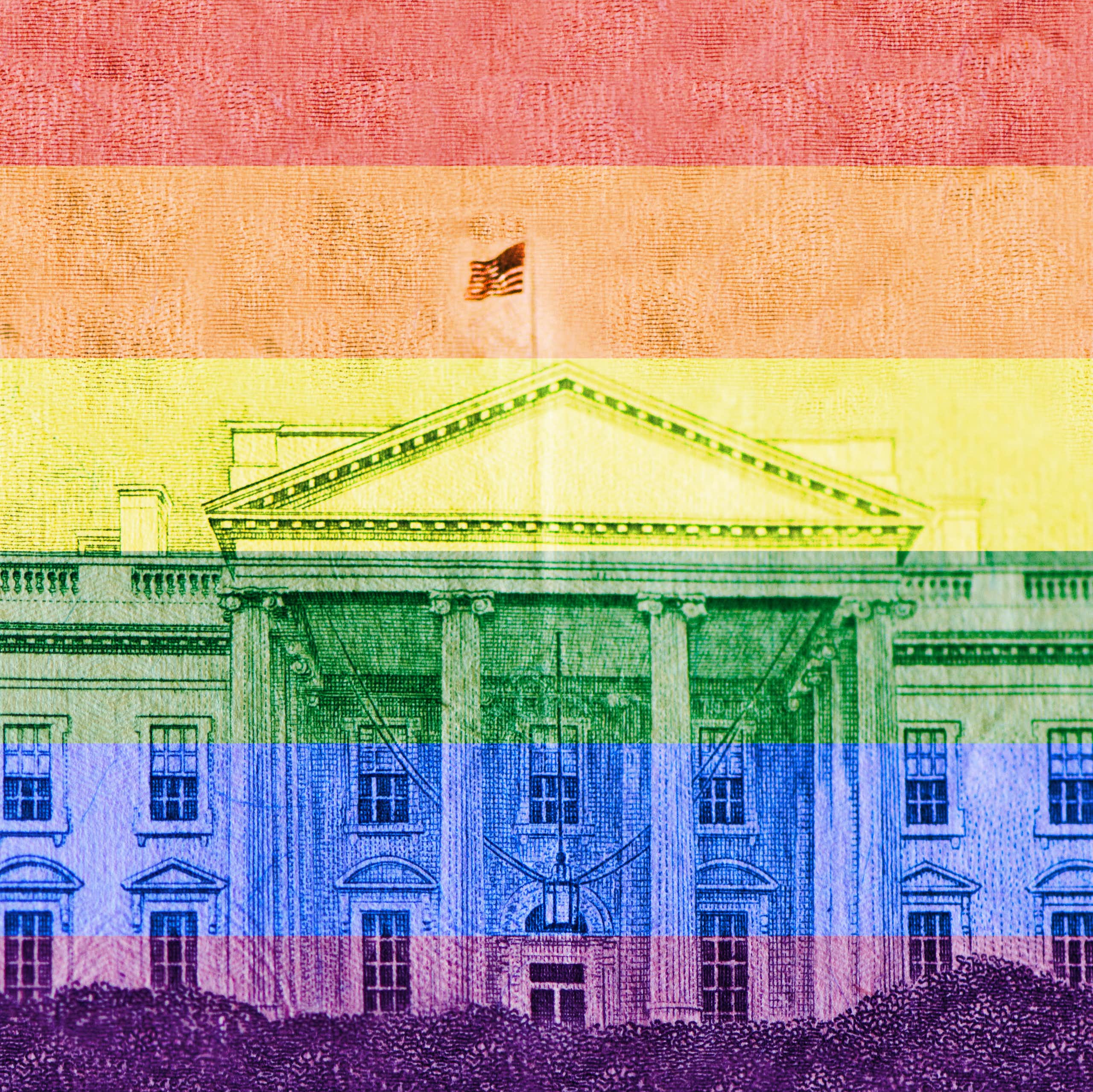 A photo of the White House overlaid with rainbow Pride colors
