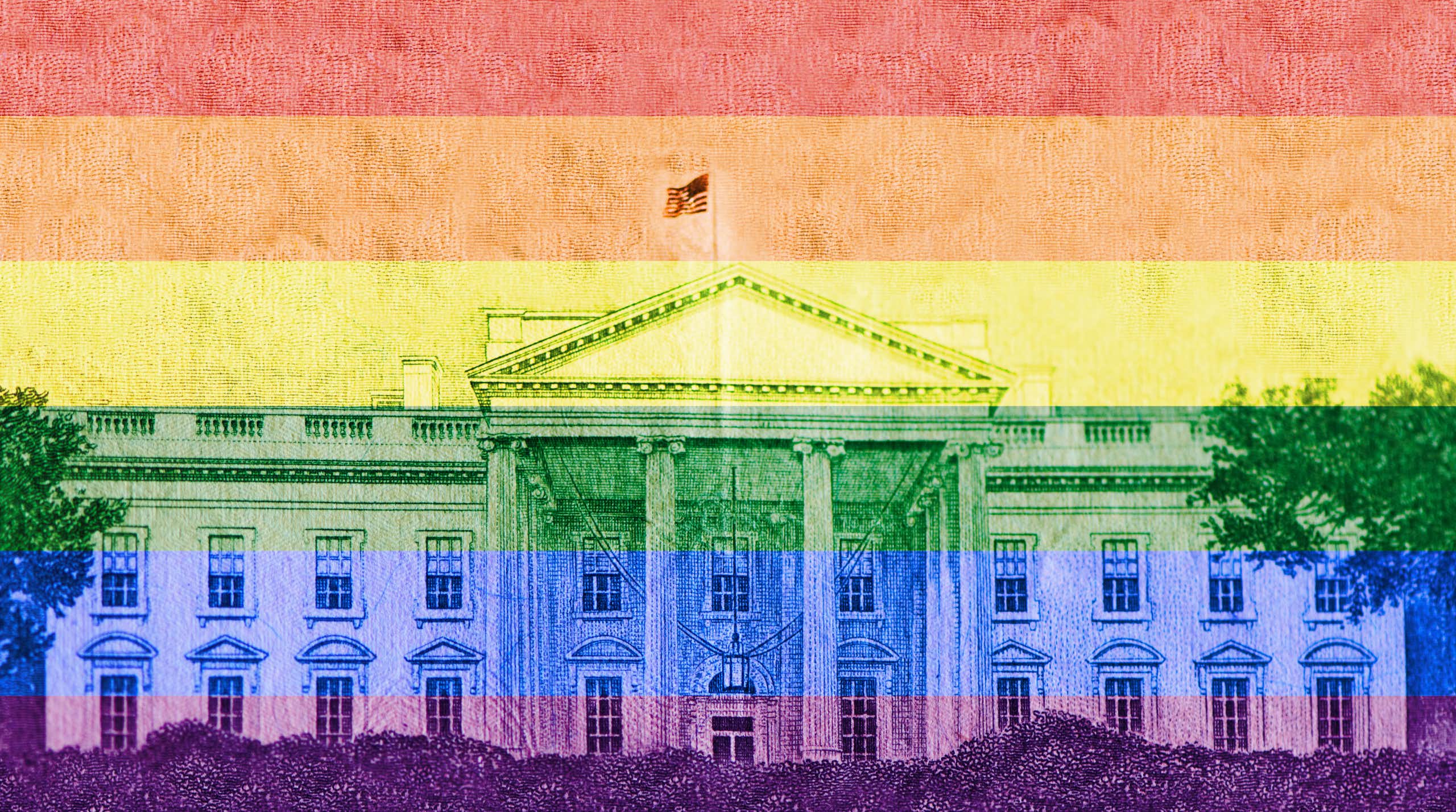 A photo of the White House overlaid with rainbow Pride colors