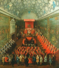 A painting of Queen Anne addressing the House of Lords.