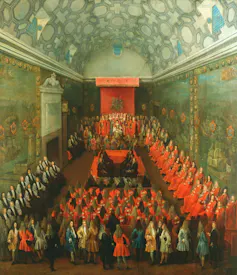 A painting of Queen Anne addressing the House of Lords.